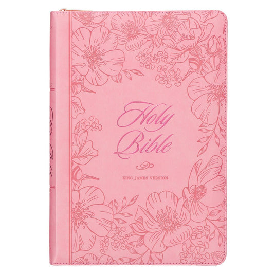 Sunrise Pink Faux Leather Large Print Thinline King James Version Bible with Zippered Closure and Thumb Indexj