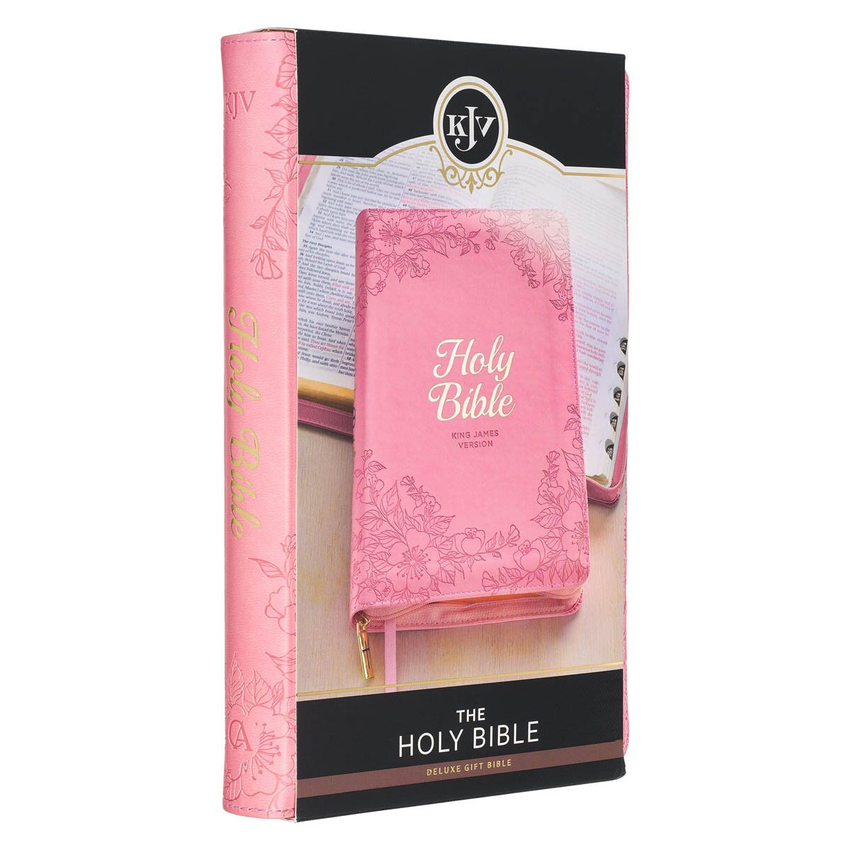 Blossom Pink Faux Leather King James Version Deluxe Gift Bible with Thumb Index and Zippered Closure