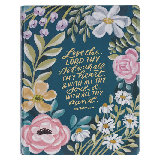 Teal Floral Ally Large Print Faux Leather King James Version Note-taking Bible - Matthew 22:37