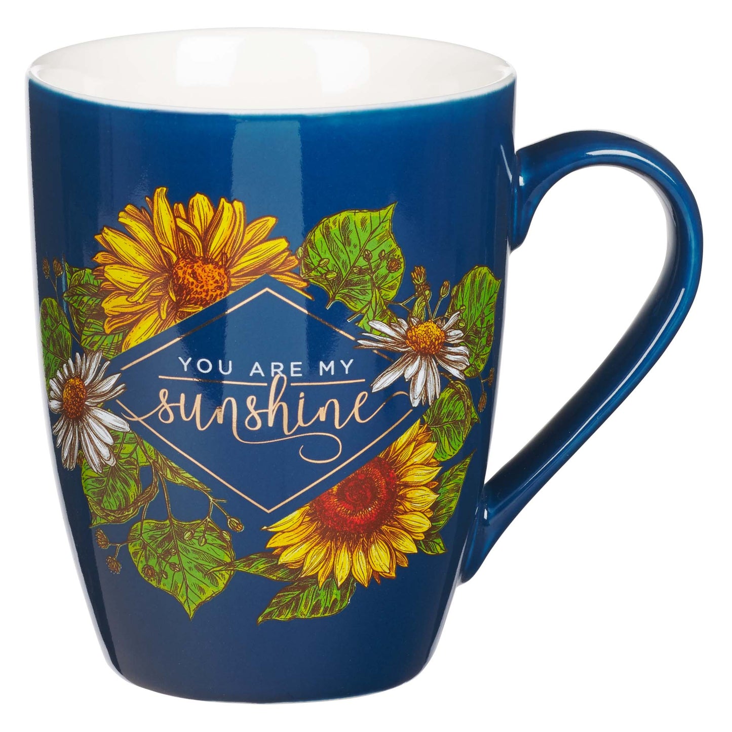With Love Inspirational Coffee Mug for Women, You are My Sunshine Navy Blue/Sunflowers Gold Lettering Motivational Coffee/Tea Cup for Her Birthday, Mother's Day, 12oz Ceramic