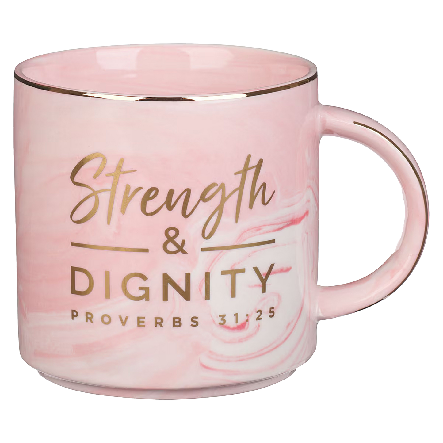 Strength and Dignity Pink Marbled Ceramic Coffee Mug - Proverbs 31:25