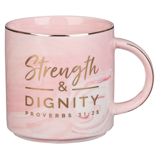 Strength and Dignity Pink Marbled Ceramic Coffee Mug - Proverbs 31:25
