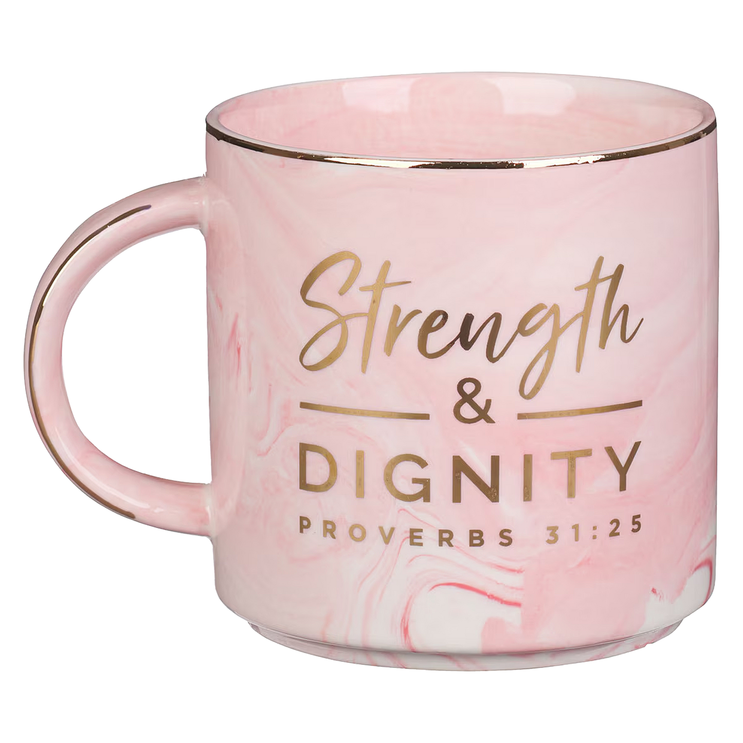 Strength and Dignity Pink Marbled Ceramic Coffee Mug - Proverbs 31:25