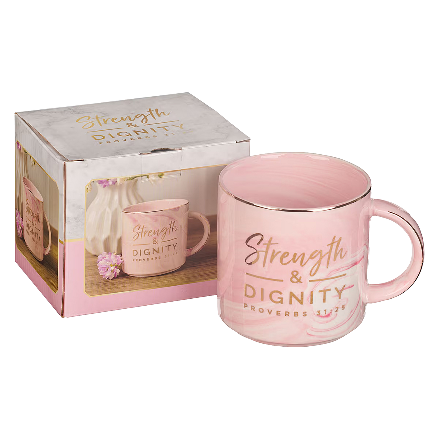 Strength and Dignity Pink Marbled Ceramic Coffee Mug - Proverbs 31:25