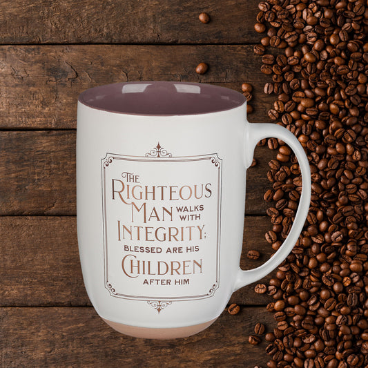 Righteous Man White and Gold Ceramic Coffee Mug with Exposed Clay Base - Proverbs 20:7