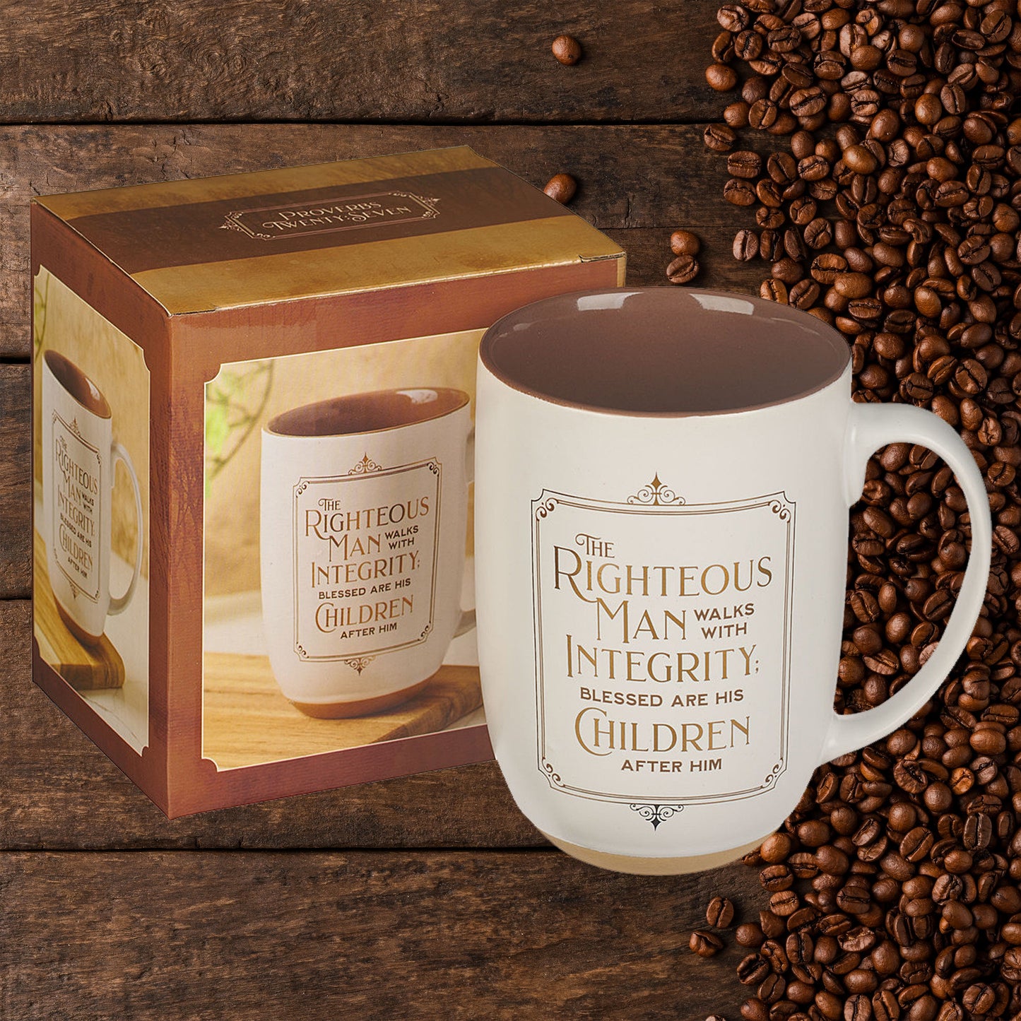 Righteous Man White and Gold Ceramic Coffee Mug with Exposed Clay Base - Proverbs 20:7