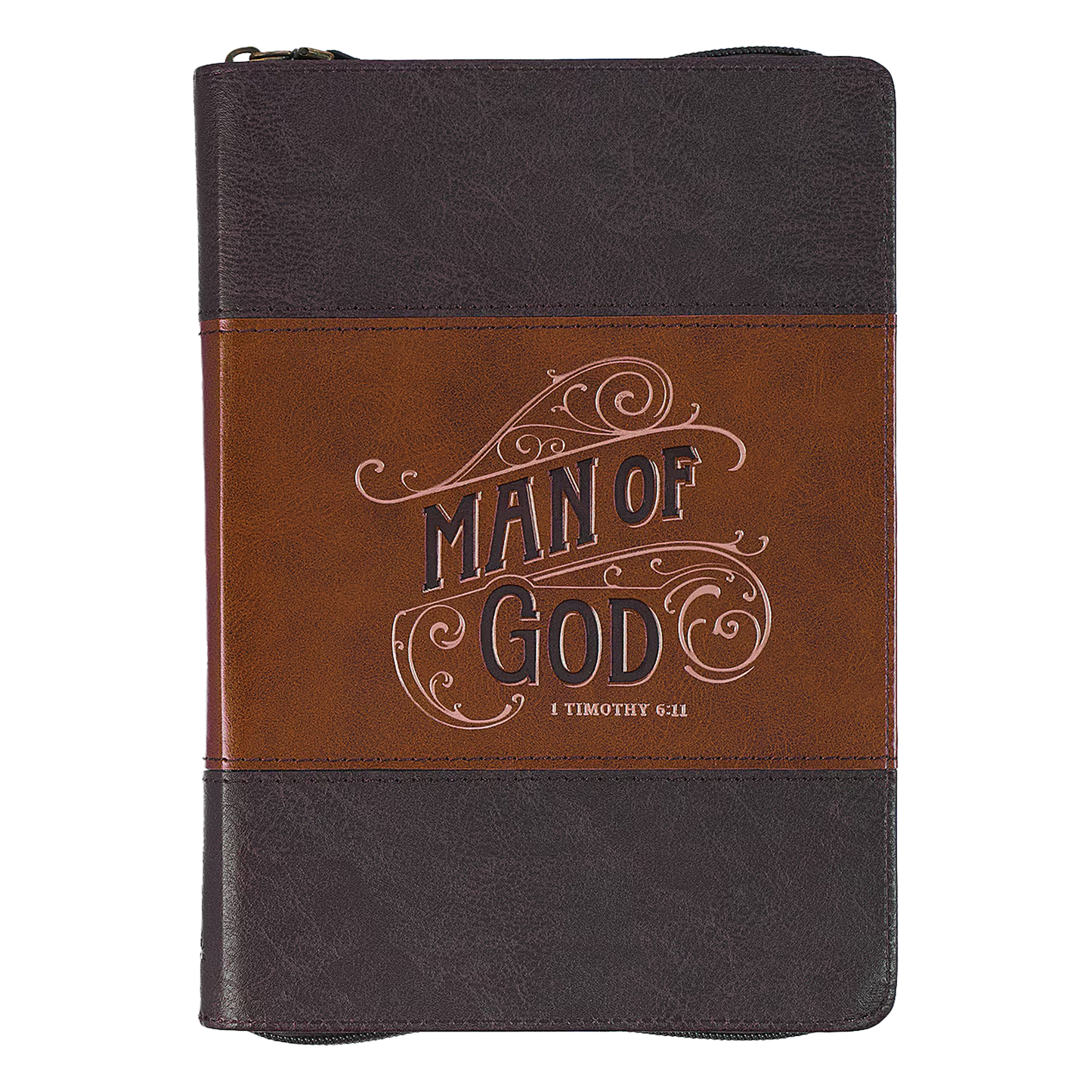 Man of God Honey-brown and Espresso Faux Leather Journal with Zipper Closure - 1 Timothy 6:11