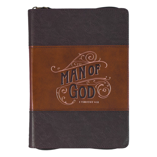 Man of God Honey-brown and Espresso Faux Leather Journal with Zipper Closure - 1 Timothy 6:11