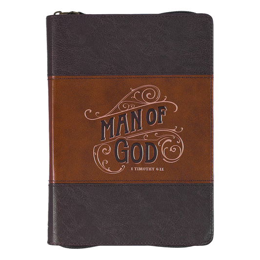 Man of God Honey-brown and Espresso Faux Leather Journal with Zipper Closure - 1 Timothy 6:11