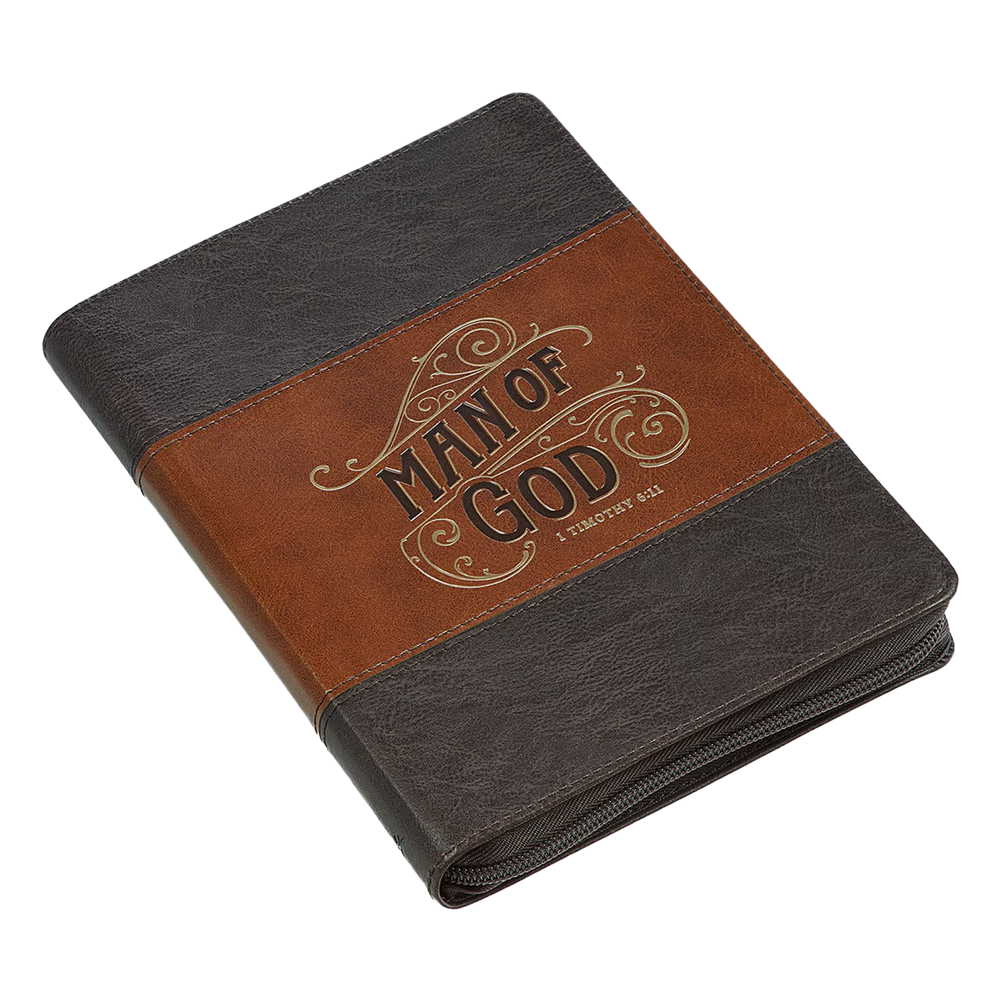 Man of God Honey-brown and Espresso Faux Leather Journal with Zipper Closure - 1 Timothy 6:11