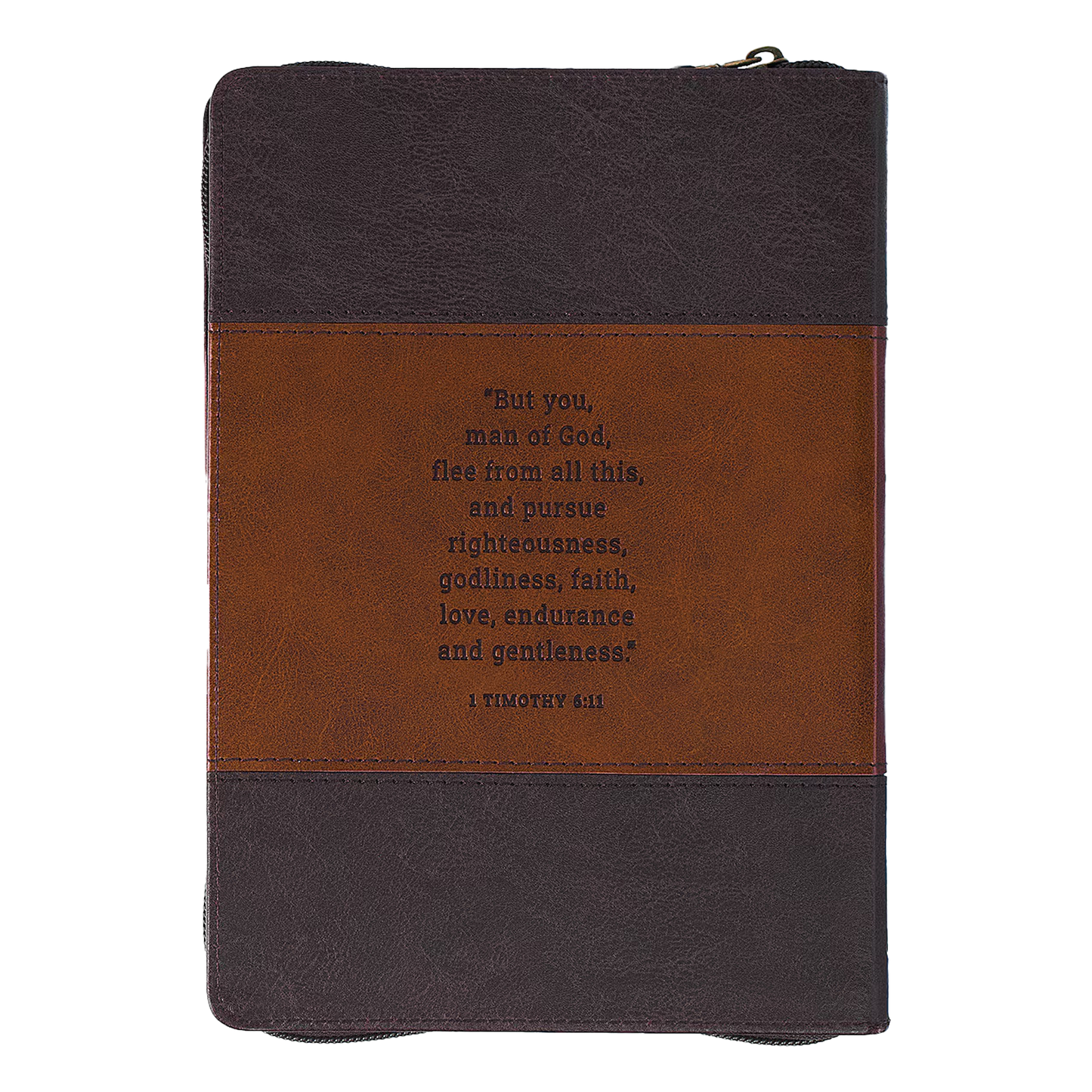 Man of God Honey-brown and Espresso Faux Leather Journal with Zipper Closure - 1 Timothy 6:11