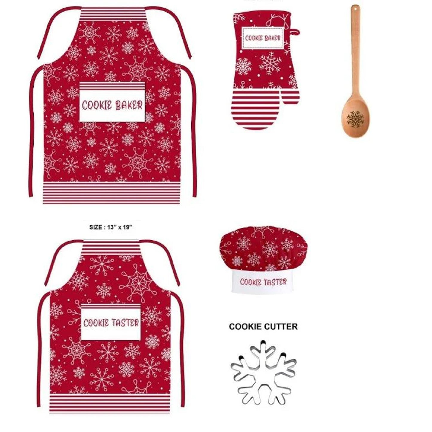 6 Pack Holiday Mommy & Me Baking Cookie Taster Baker Cooking Christmas Apron Set (Snowflakes)