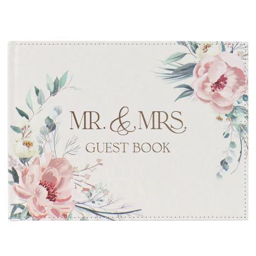 Mr and Mrs. Peachy-pink Floral Faux Leather Medium Wedding Guest Book - 1 John 4:19 by Christian Art Gifts