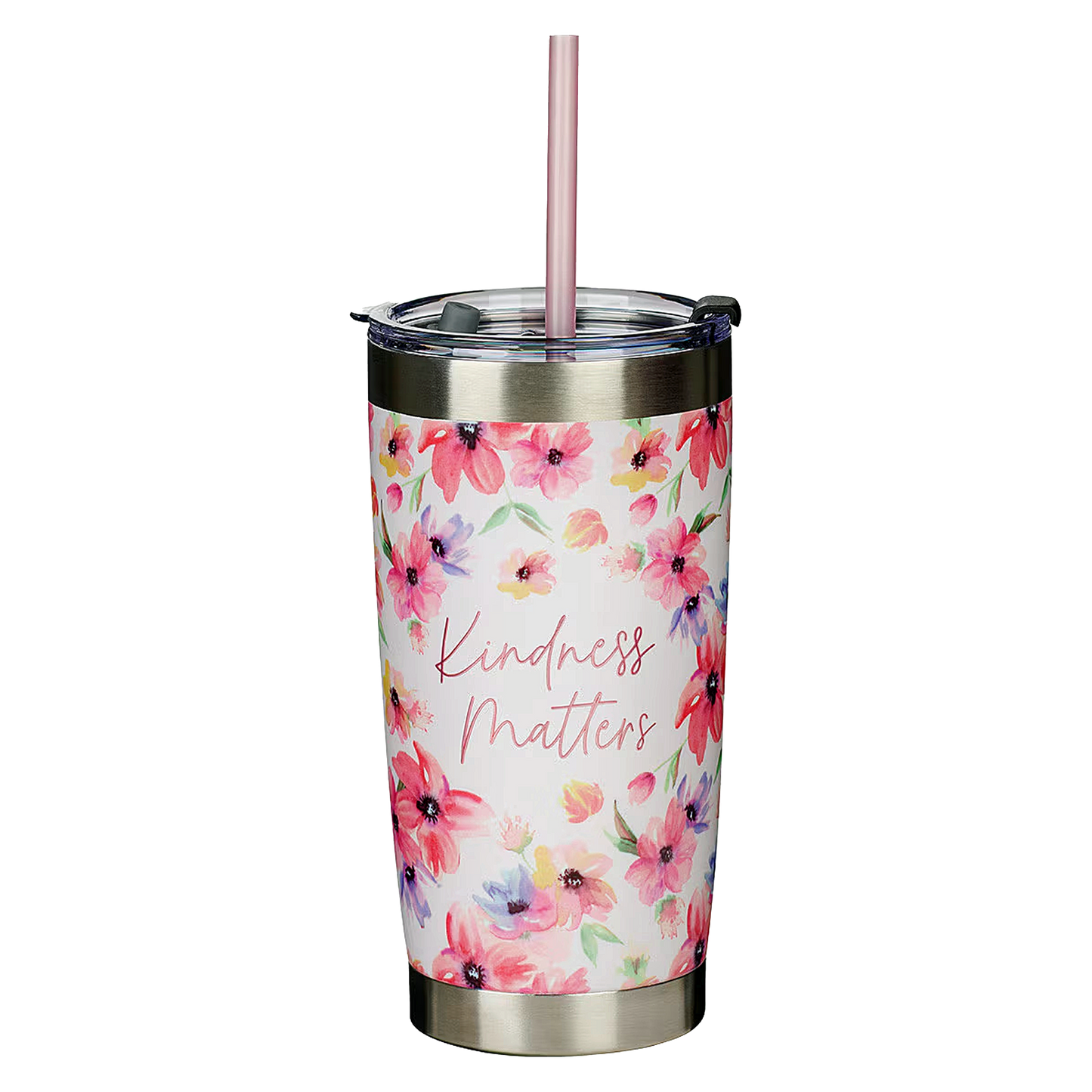 Kindness Matters Pink Cosmos Stainless Steel Travel Mug with Reusable Straw