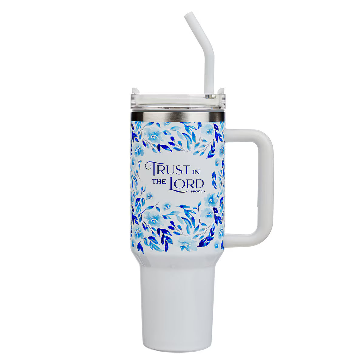 Trust in the Lord Blue Botany 40 oz Stainless Steel Travel Tumbler with Straw - Proverbs 3:5