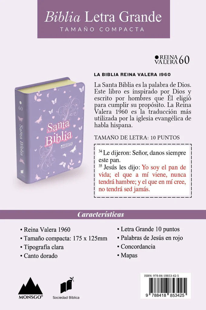 Biblia RVR 1960 Compacta Símil Piel Juvenil Mariposa Lila (Bible RVR 1960 Compact Size LeatherLike Youth Lilac Butterfly (Spanish Edition) Leather Bound