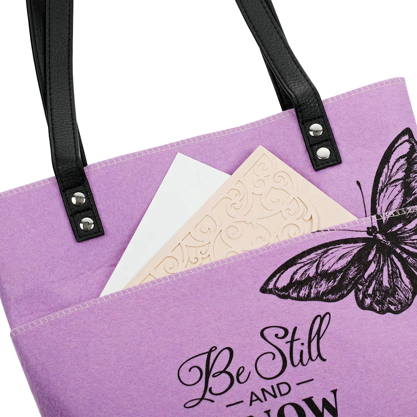 Be Still and Know Purple Butterfly Fashion Felt Bible Tote Bag - Psalm 46:10