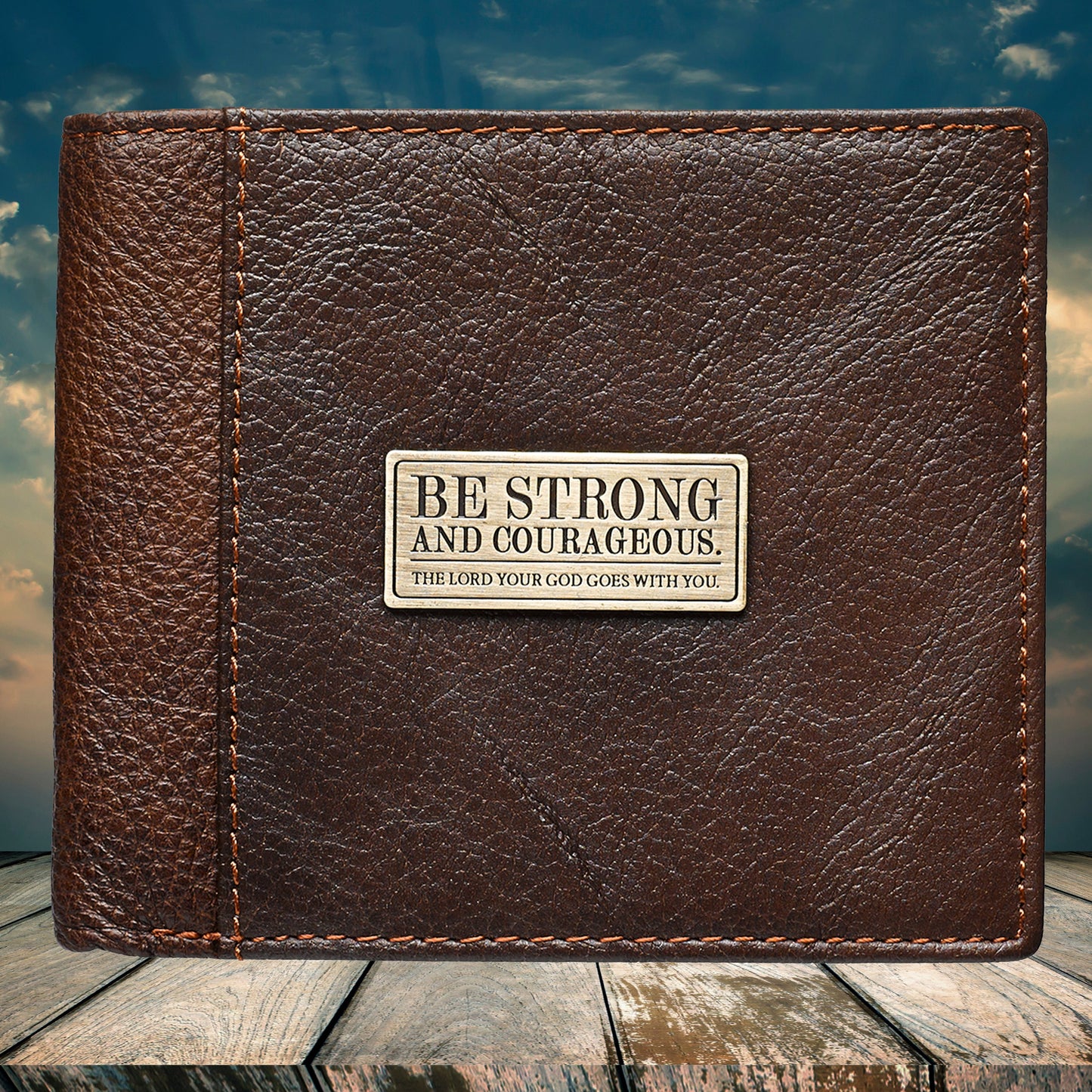 Strong and Courageous Two-tone Brown Full Grain Leather Wallet - Joshua 1:9