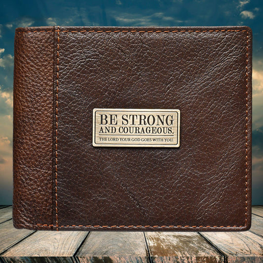Strong and Courageous Two-tone Brown Full Grain Leather Wallet - Joshua 1:9