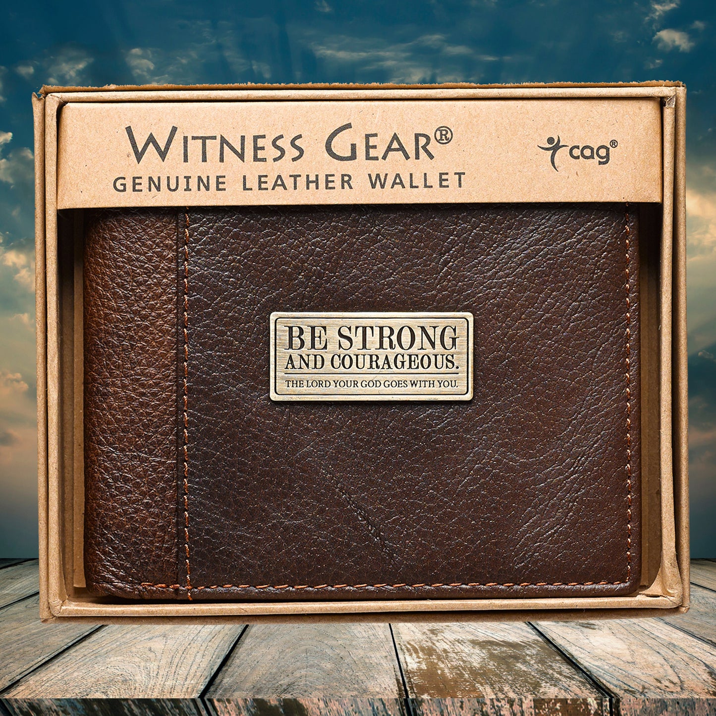 Strong and Courageous Two-tone Brown Full Grain Leather Wallet - Joshua 1:9