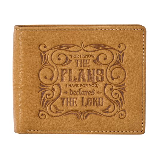 Genuine Leather Wallet for Men and Dads with Scripture Jeremiah 29:11 RIFD Blocking Multi-purpose Slots Credit Card Holders Quality Classic Saddle Tan Leather Bifold Wallet for Men