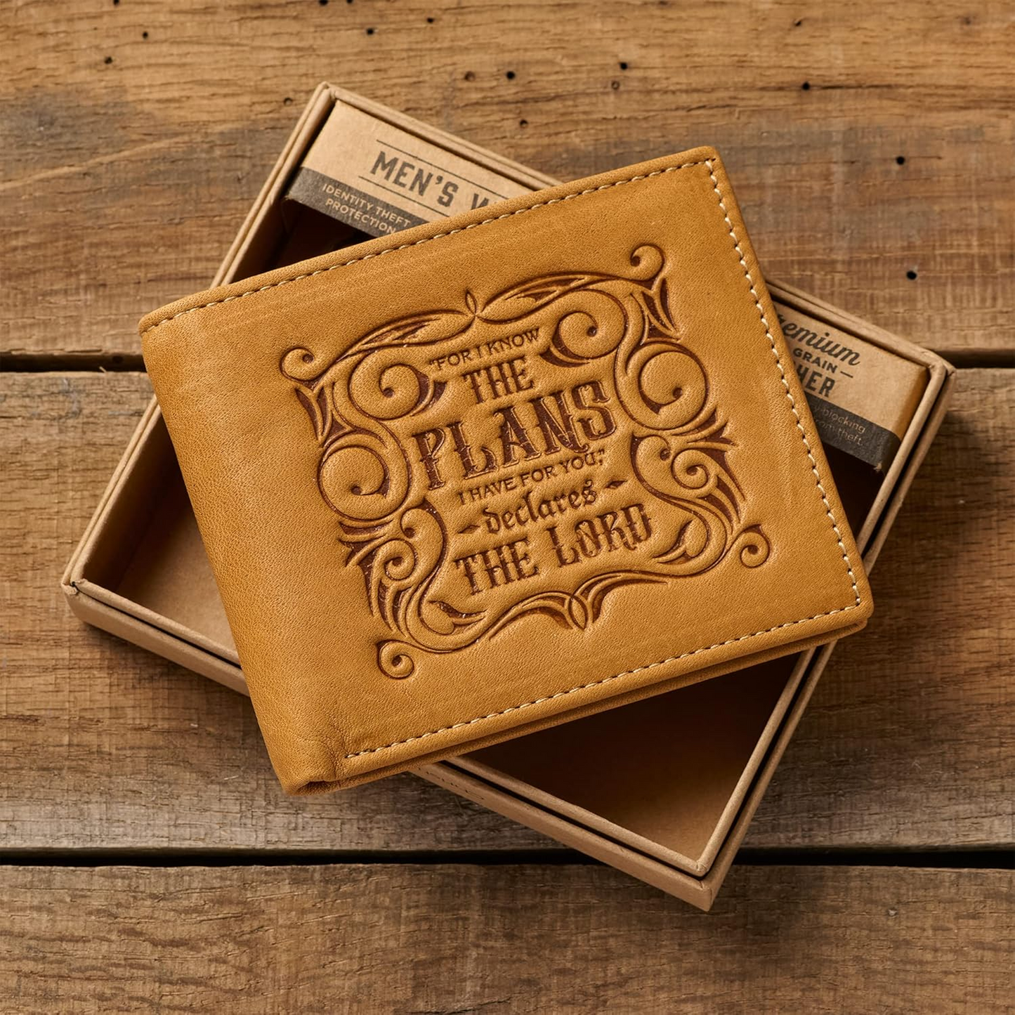 Genuine Leather Wallet for Men and Dads with Scripture Jeremiah 29:11 RIFD Blocking Multi-purpose Slots Credit Card Holders Quality Classic Saddle Tan Leather Bifold Wallet for Men