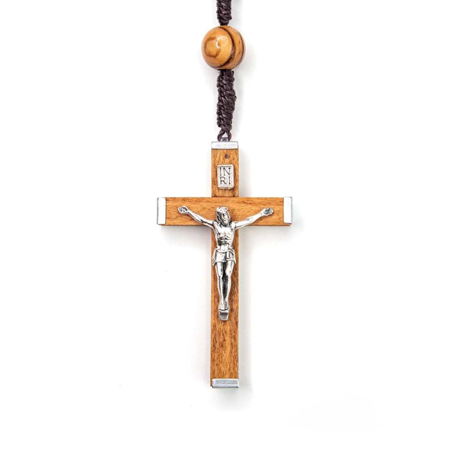 Olive Wood Rope Rosary with Metal Backed Crucifix and Large Beads